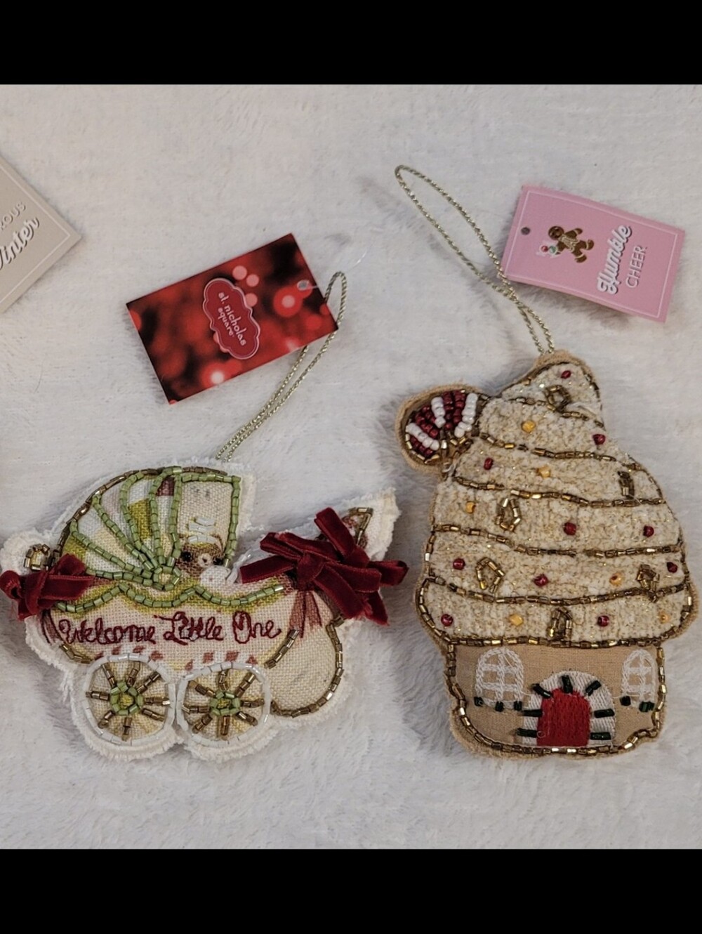 St. Nicholas Square Ornaments With Gingerbread House And Baby Carriage